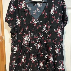 Floral Skull Print Black Top